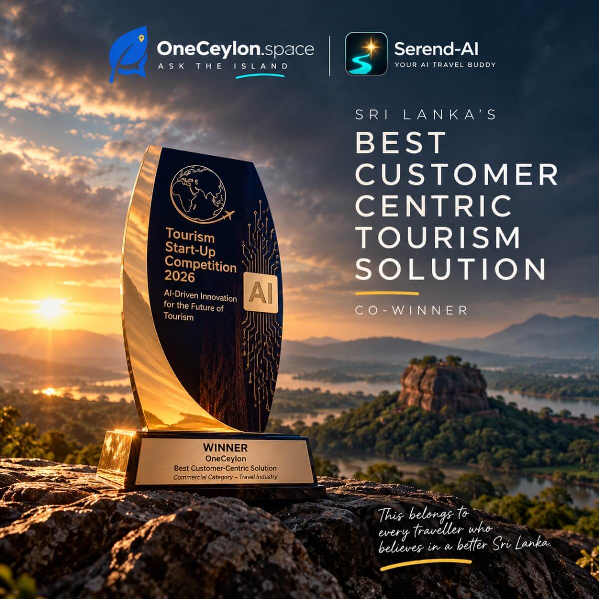 OneCeylon's Tourism Start-Up Competition 2026 trophy for Best Customer-Centric Solution, overlooking Sigiriya at sunset.